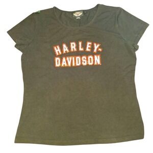 HARLEY DAVIDSON Y2K Black Womens T Shirt Black Orange Studded Bling Tee Sz XL
